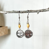 Silver Cross Earrings with Olive Wood Beads