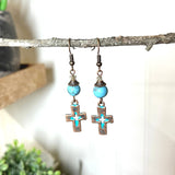 Copper Cross Earrings with Blue Patina and Turquoise Colored Stone