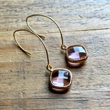 Pink Faceted Glass Teardrop Gold Earrings