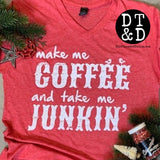 Make Me Coffee and Take Me Junkin' V-Neck T-Shirt, Heather Red