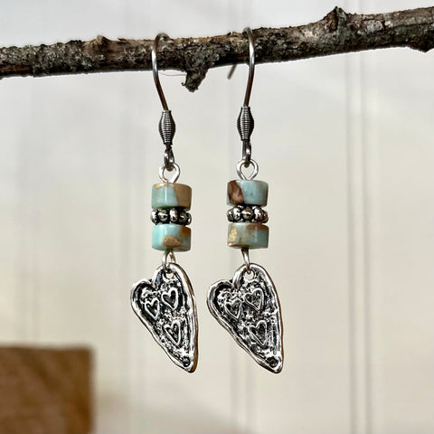 Silver Heart Earrings with Jasper Heishi Beads