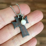 Rustic Cross Necklace with Freshwater Pearl, 16-20" chain